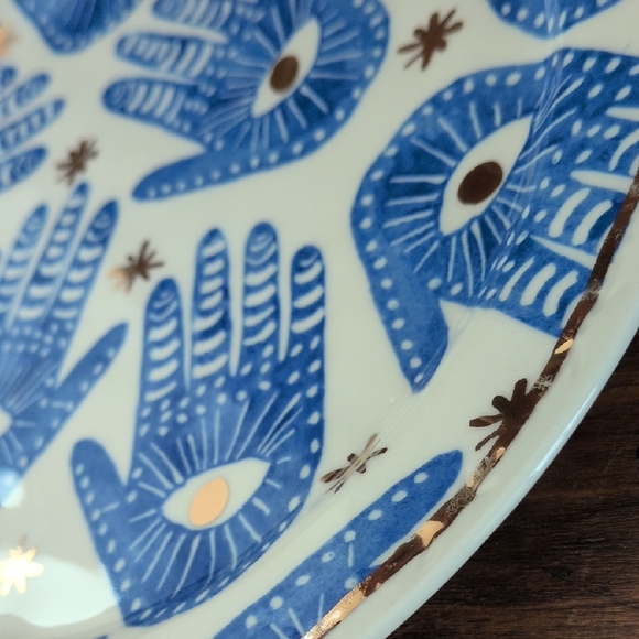 by ANTHROPOLOGIE I Insight Stoneware Plate Hamsa Blue Gold Hand Eye Pattern - Picture 9 of 12